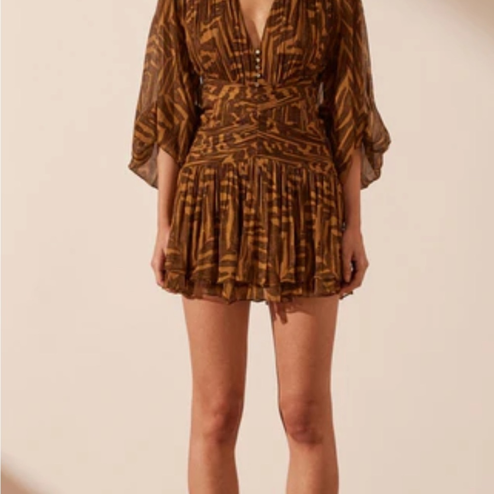 Shona Joy Brown Plunge Neck Mini Dress with Dolman Sleeves